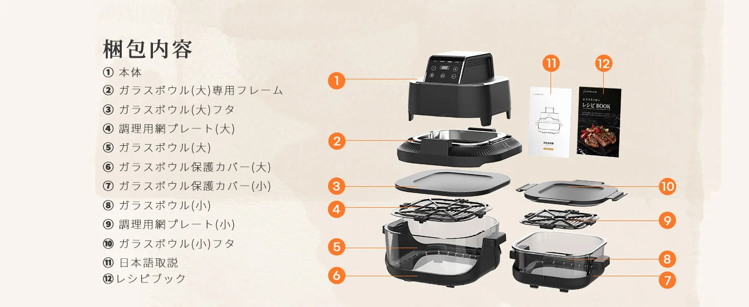 EPAO248の本体、大小ガラスボウル、ふた、調理用網プレートなど12点の同梱内容