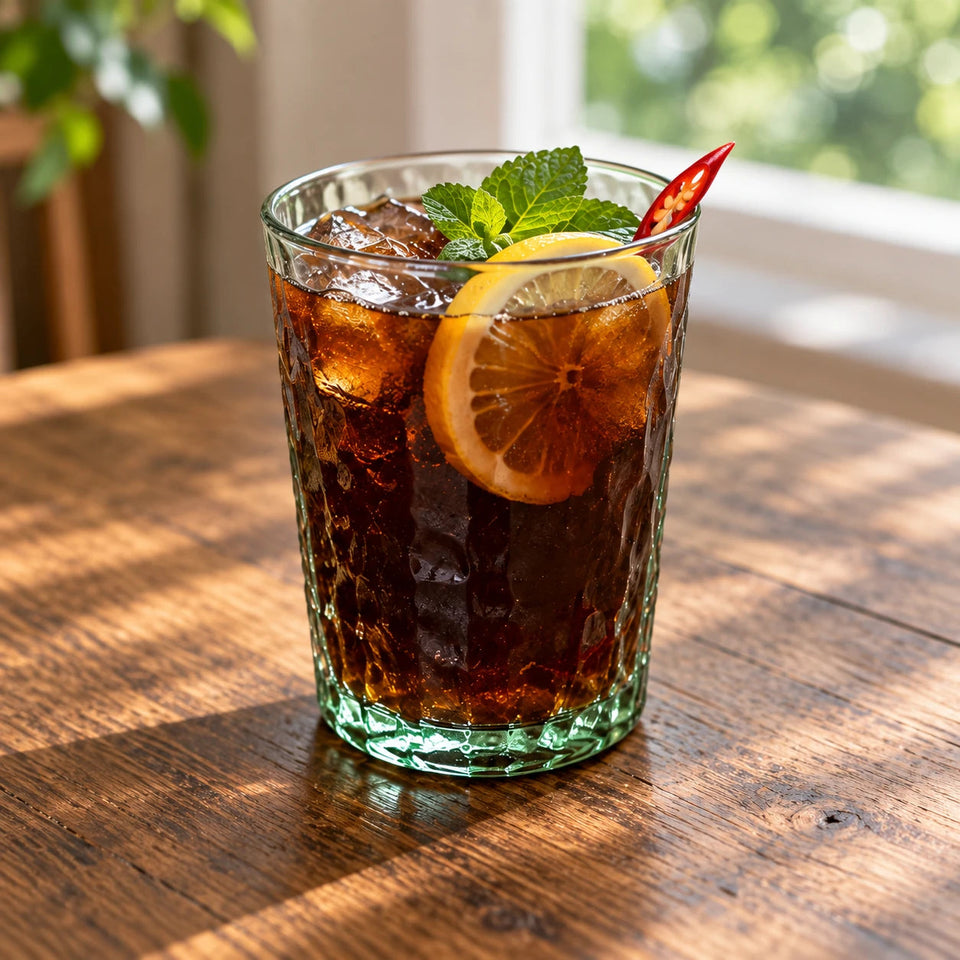 レモンとミントのチリコーヒーの完成イメージ。AIによるドリンクのイメージです。